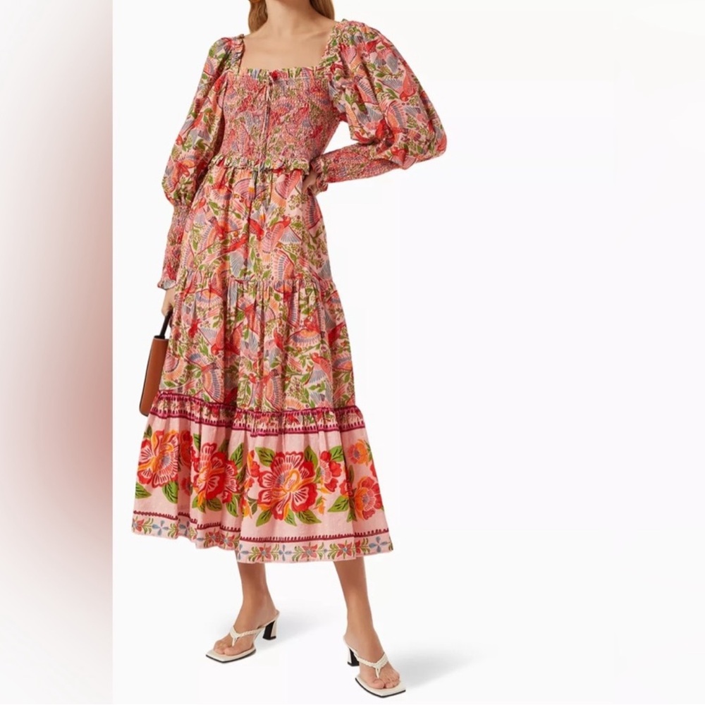 FarmRio Macaw Flight Smocked Cotton Midi Dress